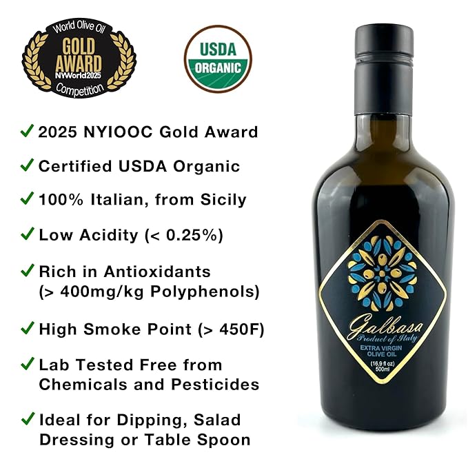 Galbasa - Organic Olive Oil from Sicily, Italy - Extra Virgin, First Cold Pressed, Early Harvest - Polyphenol Rich, Peppery Finish, No Pesticides