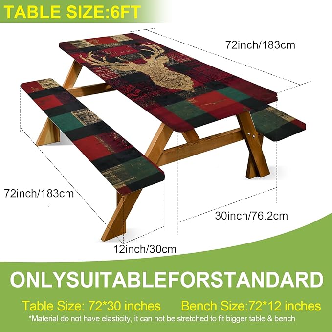 ANNA QUEEN 6FT Christmas Deer Picnic Table Cover with Bench Covers Picnic Table Cover Set 3PCS 72"x30", Waterproof Outdoor Bench and Tablecloth Furniture Protection for Camping