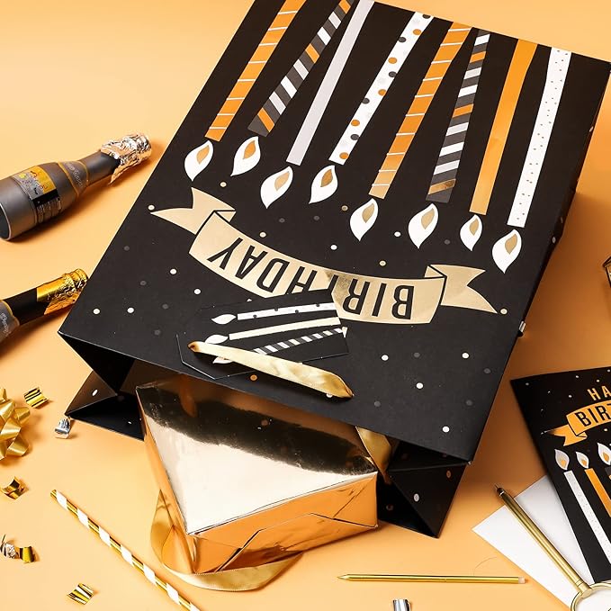 Loveinside Black and Gold Birthday Gift Bag with Tissue Paper, Gift Card for Birthday, Baby Shower, Party, and More - 12" x 16" x 5.7", 1 Pcs