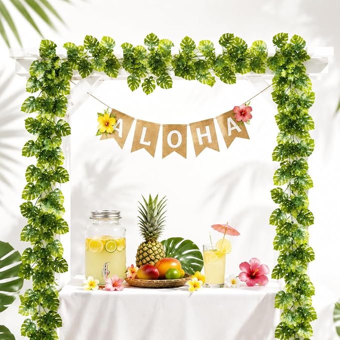 8Pcs Artificial Tropical Leaves Garland, 5.9FT Fake Monstera Leaves Vines Hanging Plant Ivy Faux Palm Leaf Greenery Garland for Garden Porch Patio Jungle Beach Birthday Party Indoor Outdoor