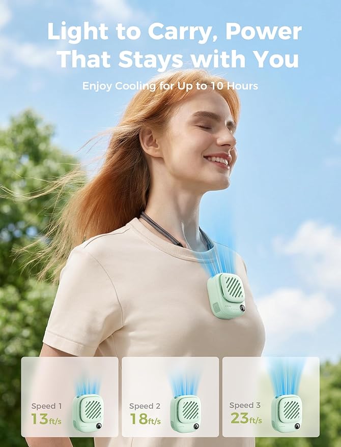 Aecooly Mini Portable Neck Fan, Mighty Hands Free Fan, Magnetic Fit Click 01 USB Rechargeable [10H Max Cooling Time], Personal Battery Powered, Pocket for Travel, Summer, Gifts for Women -Green