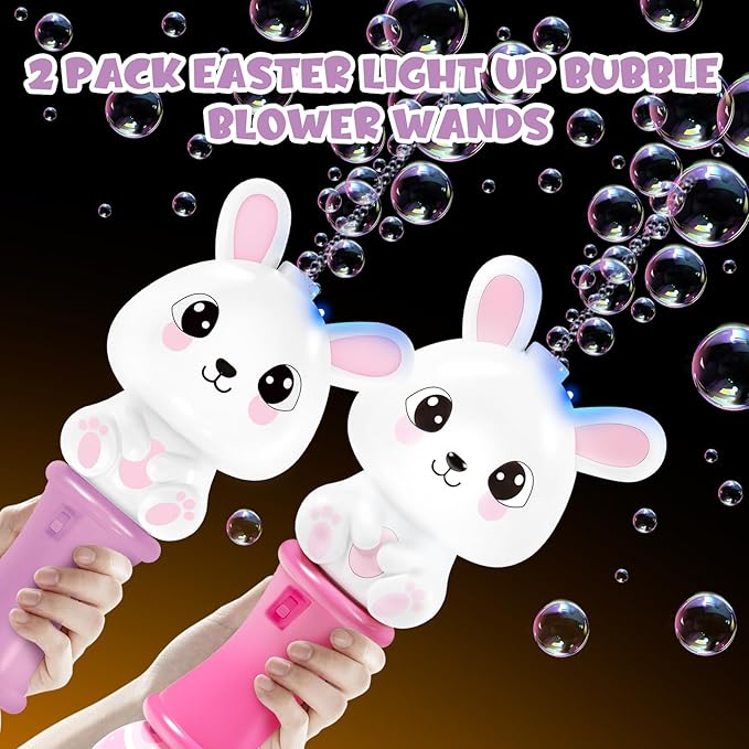 Shemira 2 Pack Bubble Wands for Kids, 11.2 inches Automatic Bubble Blower with Light, Bubbles Maker Toys with 4 Solution Sticker, Bunny Bubbles Wand for Girls, Summer Outdoor Indoor Activity