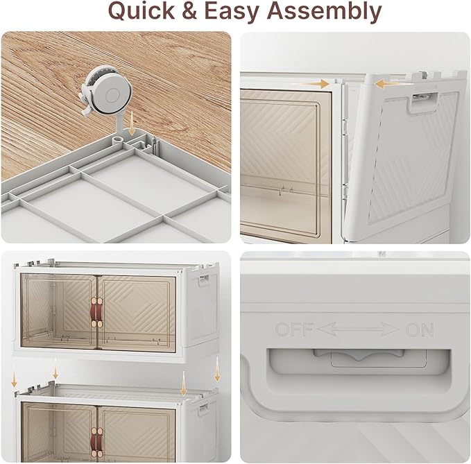 UAMFURI Stackable Storage Bins with Lids, 144QT Closet Organizers, Lockable Storage Cabinet, Foldable Storage Box with Doors and Wheels, Plastic Drawers for Home, Garage, Office (3, White, Medium)