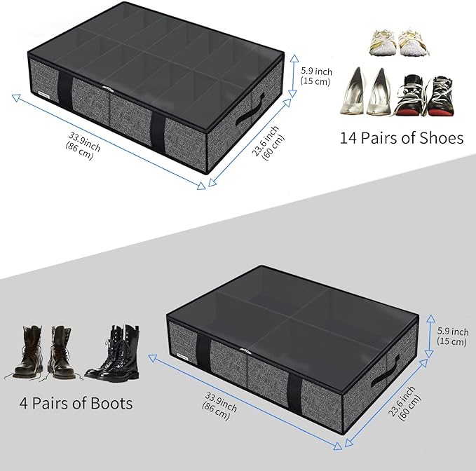 Onlyeasy 2 Pack Under Bed Shoes Storage Bag Organizer (14+4 Pairs), Collapsible Shoe Boot Container with Handles, Underbed Storage Solution for Kids & Adults, 86x60x15cm, Linen-like Black, MXAUBS14S4