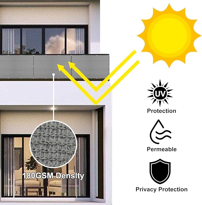 Eden's Decor Balcony Privacy Screen Grey 4'x 44' Cover Mesh Windscreen Weather-Resistant UV Protection for Backyard Deck, Patio, Balcony, Pool, Porch, Fence, Railing, Gardening
