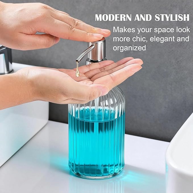 Glass Soap Dispenser Refillable: 400ml 13.5Oz Hand Soap Dispenser with Pump for Kitchen Bathroom Shower, Decorative Modern Liquid Soap Dispenser for Dish, Hand Soap, Body Wash, Lotion