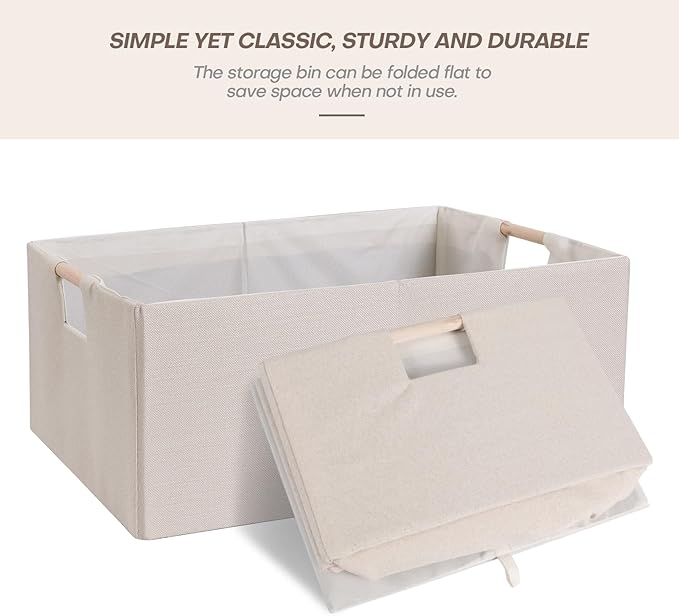 ANMINY 2PCS Storage Baskets for Organizing Collapsible Fabric Storage Bins Boxes with Wood Handles Closet Shelves Cube Organizer Bins Clothes Laundry Storage Container - Medium, Beige