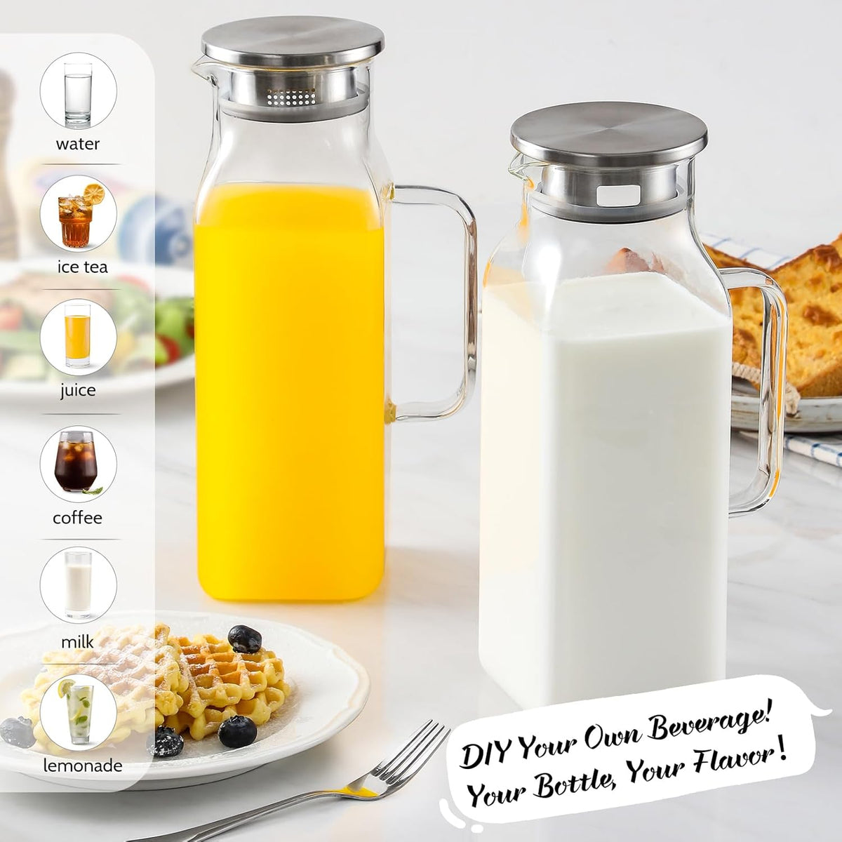Netany 4 Pack 2 Liters/68 oz Square Glass Pitcher with Lid and Handle for Fridge, Iced Tea and Coffee Carafe Beverage Serveware