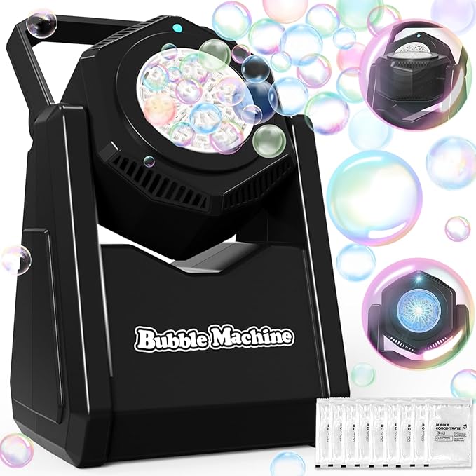 Bubble Machine, Bubble Blower for Party 90°Adjustable, Durable Automatic Bubbles Toys for Kids 20000+ Bubbles Per Mins, Bubble Maker with Bubble Concentrate Operated by Batteries for Indoor Outdoor
