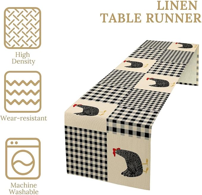 Farm Animal Table Runner, Chicken Hen Black White Buffalo Plaid Check Farmhouse Chick Table Runner for Home Kitchen Holiday Dining Party 13x90in