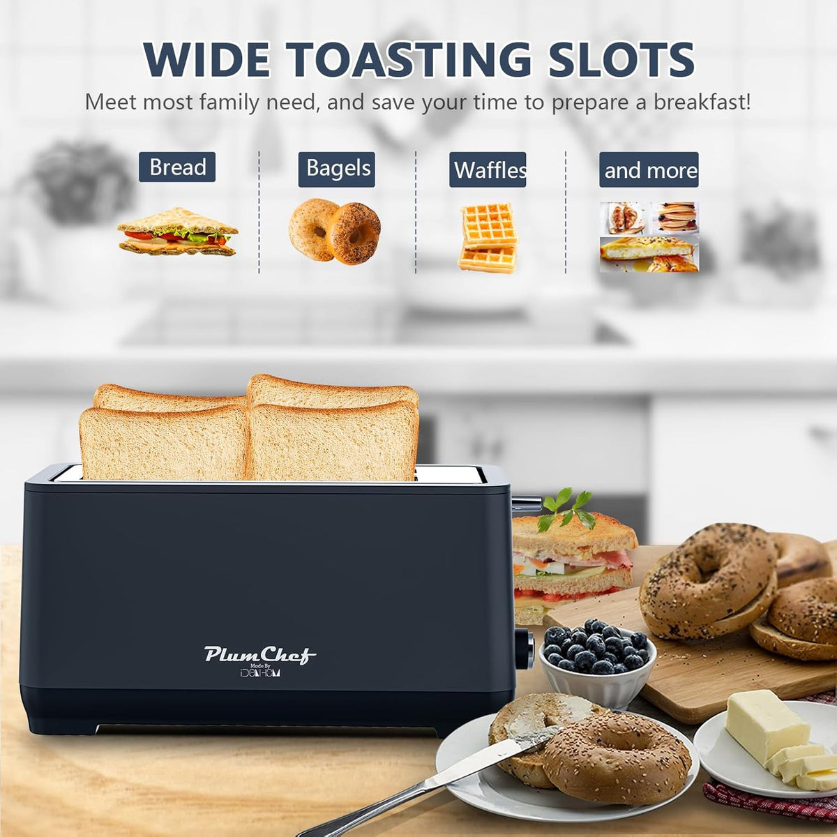 4-Slice Toaster, Extra Wide Long Slot Toaster with Warming Rack, 6 Browning Settings, Bagel/Defrost/Reheat Functions, Removable Crumb Tray, Stainless Steel Housing 1350W (2, Matte Blue)