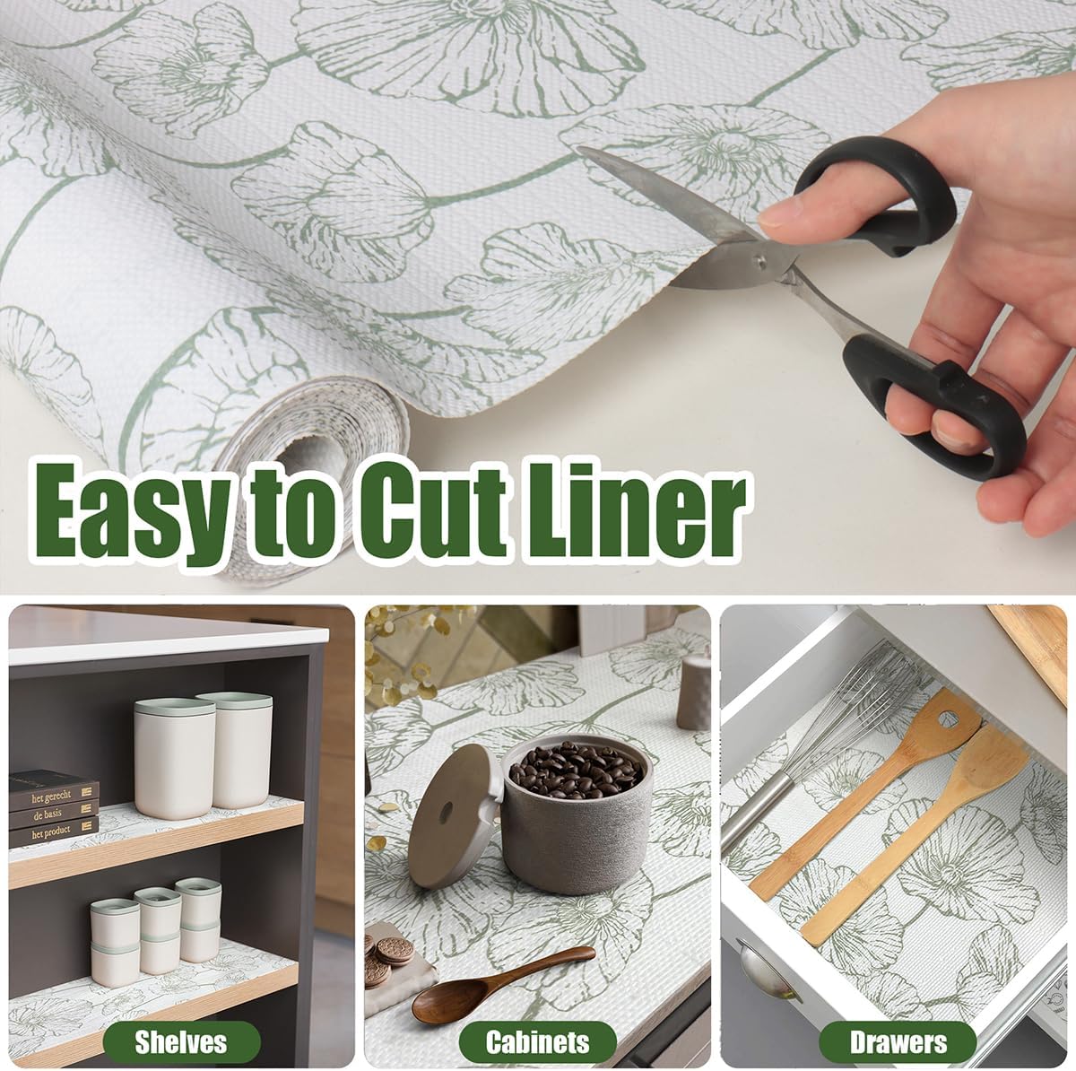 Shelf Liner for Kitchen Cabinets Non Adhesive Kitchen Drawer Liner,Non-Slip Lotus Cabinet Liner Shelf Paper,Pantry Shelf Liners for Cabinets Dresser Cupboard Liner Decorative 15.7In x 10FT
