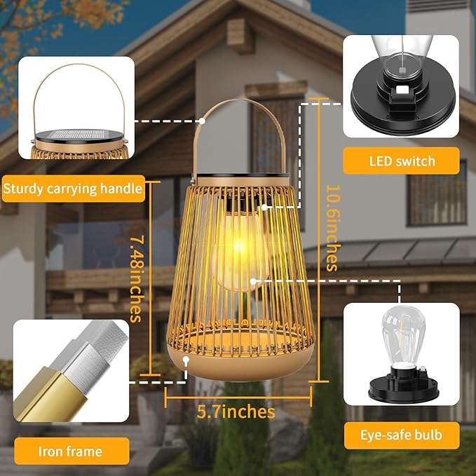 Solar Lanterns Outdoor Waterproof, KagoLing Outdoor Solar Lanterns Gifts for Women Mom Grandma, Woven Garden Decor, Rattan Lantern Decoration for Yard, Patio, Porch, Balcony, Backyard, 2 Pack