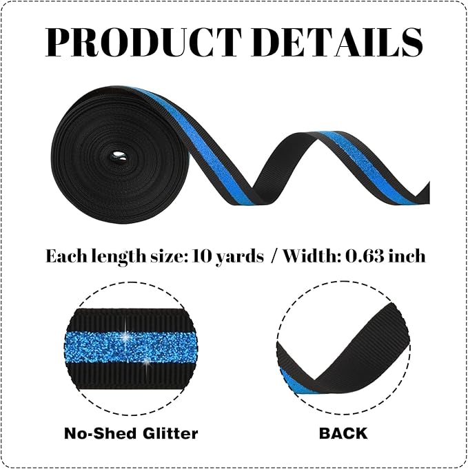 Black Blue Glitter Grosgrain Ribbon 5/8" x 10 Yards - No-Shed Cheer Ribbon for Cheerleading Hair Bows, School Spirit, Homecoming Mum Supplies, Team Colors, Gift Wrapping Crafts