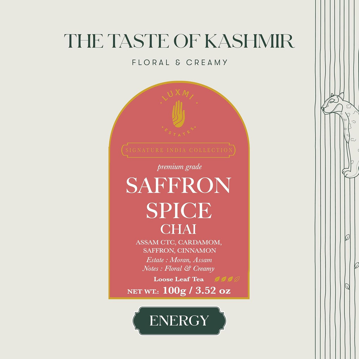 Luxmi Estates Saffron Chai, 100 gm, Signature India collection, Assam CTC Tea, Black tea collection, Saffron chai Organic Strong tea, Antioxidants