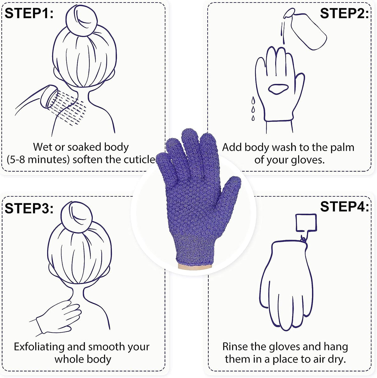 Evridwear Exfoliating Gloves for Shower, 100% Nylon Thick Soft Medium Heavy Bathing Gloves Dead Skin Remover Body Scrubber Smooth Skin with Hang Loop, Purple