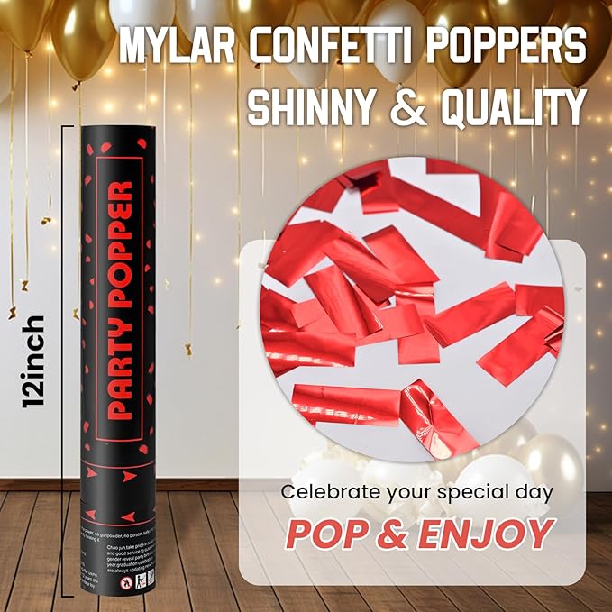 Party Poppers Confetti Cannon 12 Pack Red Poppers 12 Inch Party Shooters Mylar Confetti Red Foil Confetti Cannons Bulk for Wedding Birthday Graduation Baby Gender Reveal Christmas New Year