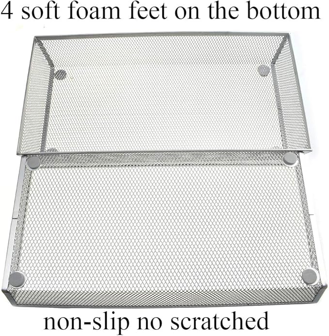 HAHIYO Stackable Mesh Tray Cup 12 x 6 x 2 inches Sturdy Container for Desk Drawer Organizer Collection for Home Office School kitchen Soft Foam Feet No Sharp Edges 1 Pack Silver