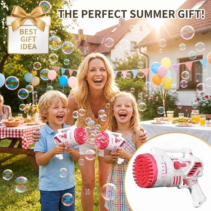 Bubble Gun for Kids, 69-Hole Bubble Machine with LED Lights, 69 Hole Bubble Blaster Blower, for Ages 3+, Summer, Birthday, Party Wedding Outdoor (Pink)