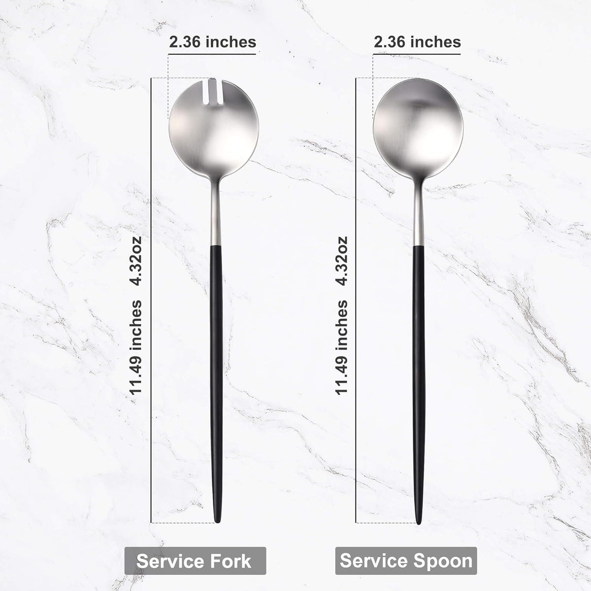 Lemeya Silver Black Salad Serving Utensils,Serving Spoons Stainless Steel,2Pcs Long Handle Salad Servers 11.42 Inch,Salad Utensils for Serving