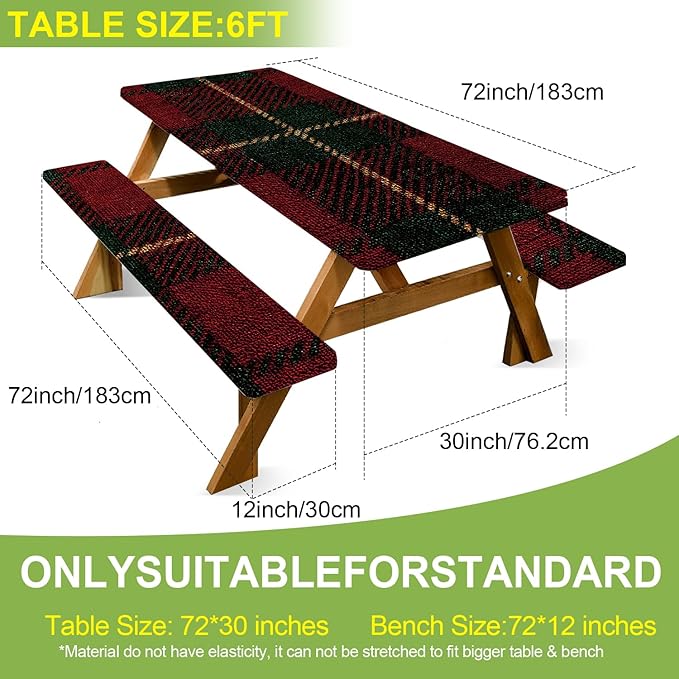 ANNA QUEEN 6FT Red Christmas Picnic Table Cover with Bench Covers Picnic Table Cover Set 3PCS 72"x30", Waterproof Outdoor Bench and Tablecloth Furniture Protection for Camping Beach BBQ