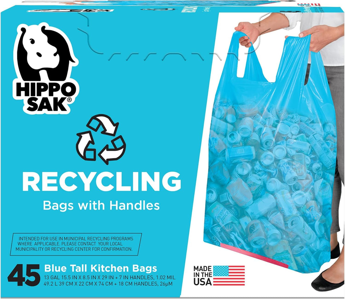Hippo Sak 13 Gallon Blue Recycling Bags with Handles