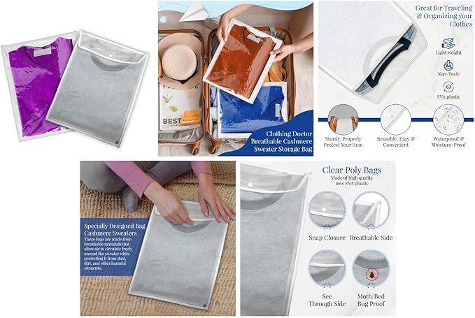 Breathable Cashmere Sweater Storage Bag, Convenient Snap With Flap Closure, Clear Window For Easy Identification, 14.5"x18.4", Pack Of 6, White