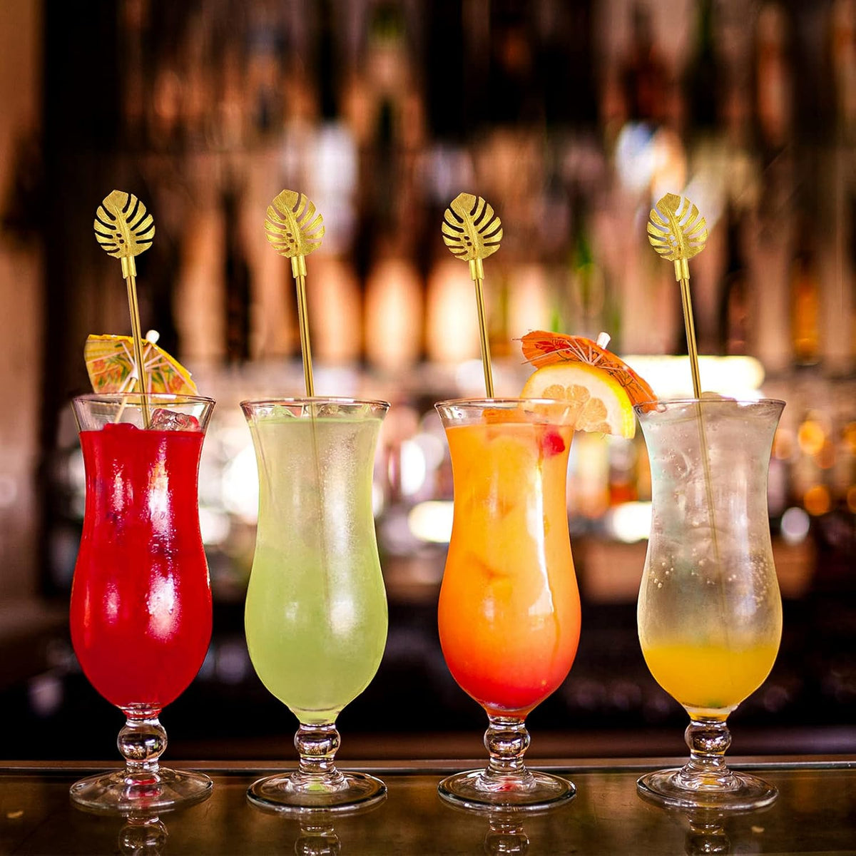 Stainless Steel Coffee Beverage Stirrers Stir Cocktail Drink Swizzle Stick with Palm leaf Metal Top,4PCS Gold stirrer