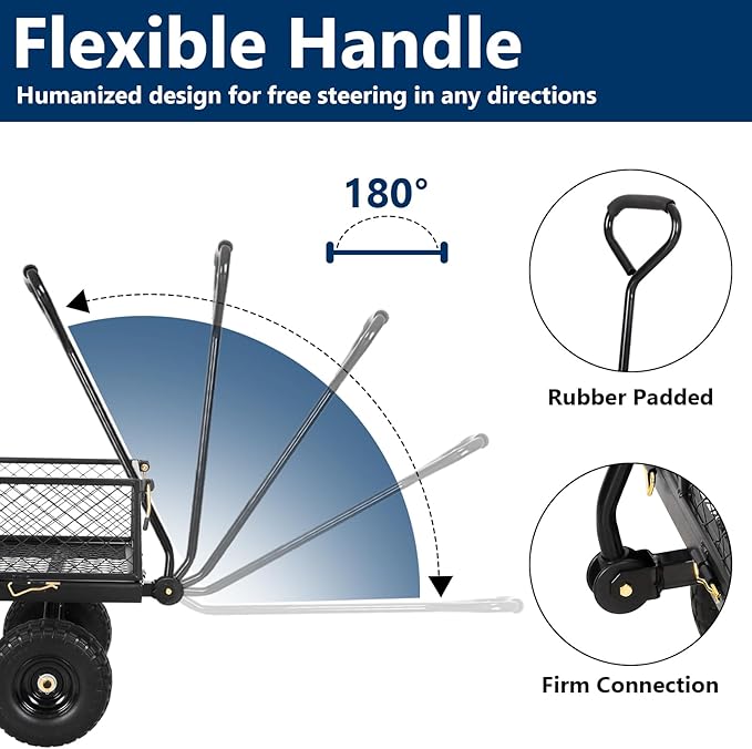 BILT HARD 10" Flat Free Tires Heavy Duty Garden Cart with 180° Rotating Handle and Removable Sides, 4 Cu.Ft 880 lbs Capacity Utility Steel Wagons for Outdoor, Yard