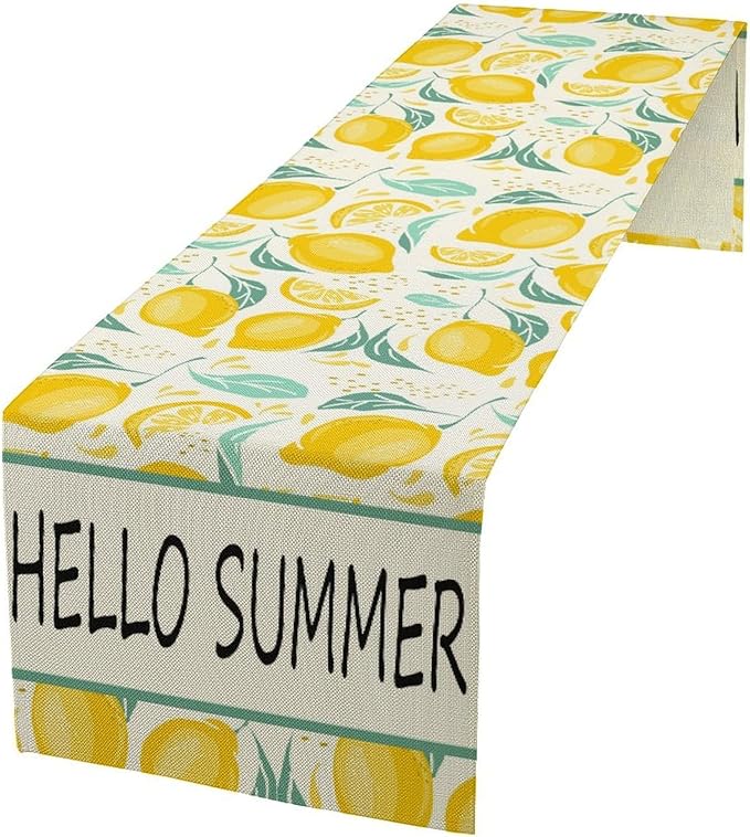 Spring Yellow Lemon Table Runner, Hello Summer Seasonal Exotic Fresh Fruits Plants Branch Leaves Print Table Cover for Farmhouse Kitchen Table Party Decor, 13x36inch