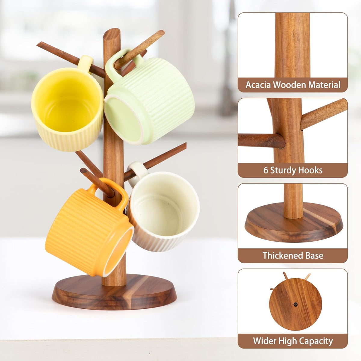 Acacia Wood Mug Holder Tree, 6 Hooks Wooden Mug Organizer for Kitchen Counter & Coffee Bar, Easy to Assemble, Natural Wood Color