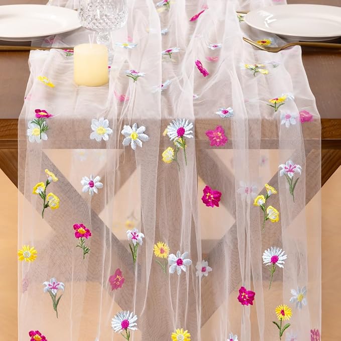 Socomi Flower Table Runner Summer Ivory White Daisy Floral Tulle Gauze Cheesecloth Embroidery Table Runners for Tea Party Garden Wedding Bridal Baby Shower Birthday Picnic Decor
