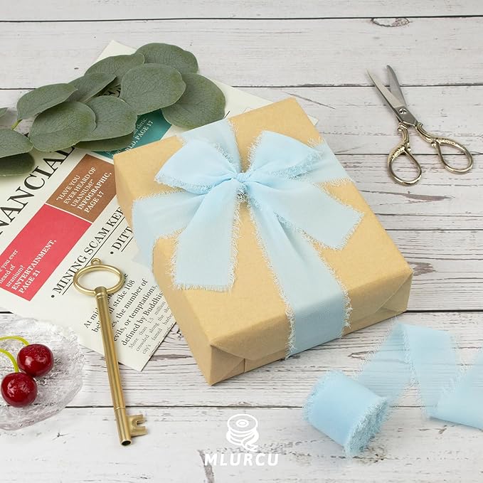 Baby Blue Chiffon Silk Ribbon - 1-1/2 Inch x 21 Yards, Frayed, Light Blue, Boho Style for Gift Wrapping, Wedding Invitation, Bridal Flower Bouquets