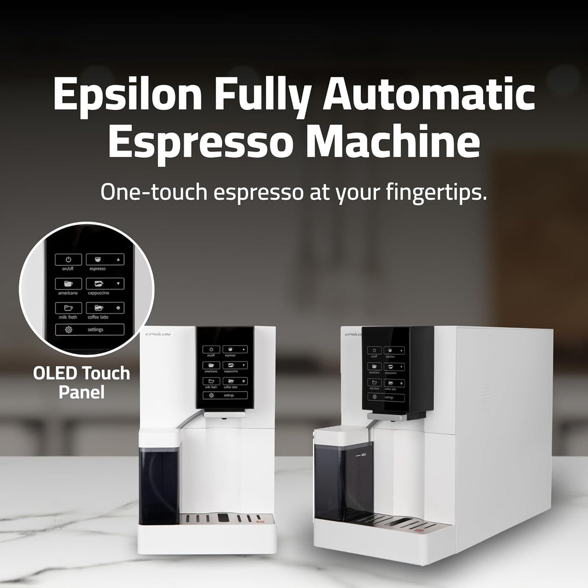Epsilon Fully Automatic Coffee Machine, Modern One Touch Espresso Machine, Integrated Milk Frother and Custom Brewing Cafe Maker
