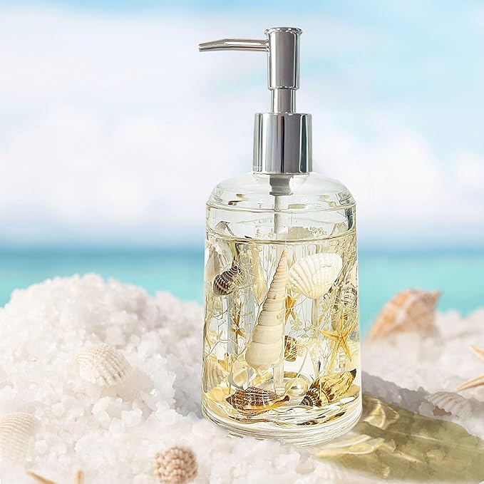 FONMY Soap Dispenser with Pump Acrylic w/Nature Seashell Handmade Bathroom Hand Soap Dispenser, Kitchen Refillable Liquid Dispenser for Soap,Dish Soap, Lotion (Milkly White)