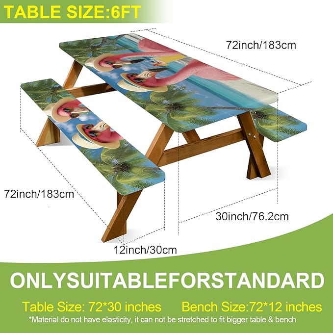 ANNA QUEEN Summer Flamingos Summer Flower Picnic Table Cover 6FT with Bench Covers Picnic Table Cover Set 3PCS 72"x30", Outdoor Bench and Tablecloth Furniture Protection
