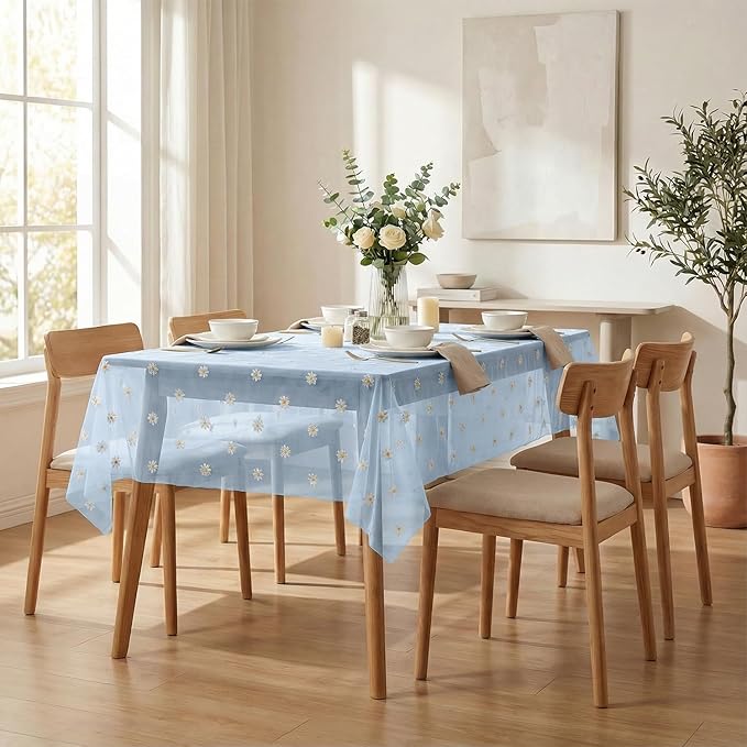 Horaldaily Blue Embroidery Daisy Spring Summer Gauze Tablecloth 60×104 Inch Rectangular, Seasonal Tulle Table Cover, Garden Party Decorations for Wedding, Party, Holiday Dining