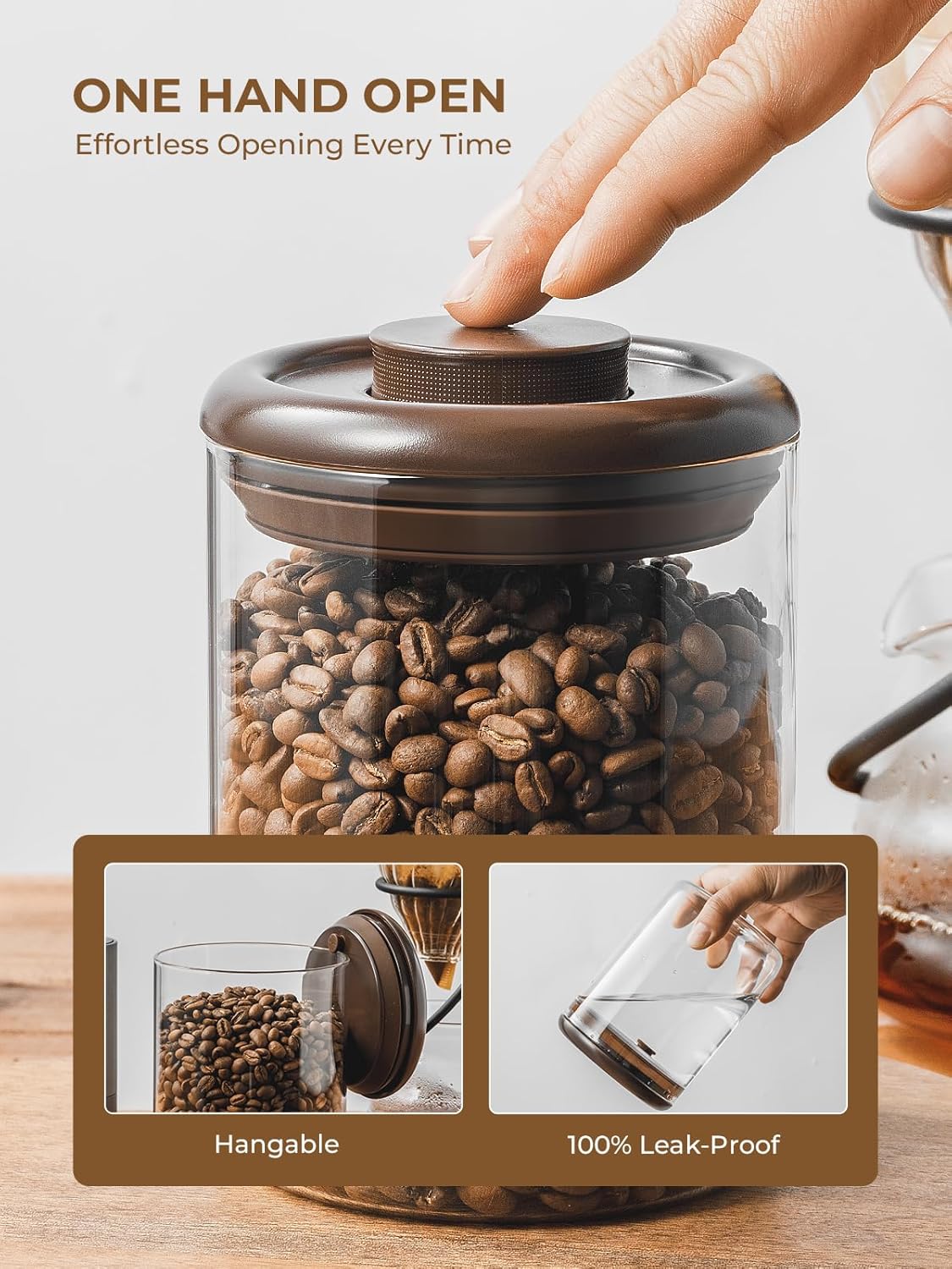 Glass Coffee Bean Canister, 10oz Airtight Coffee Container with Pop Top Lid