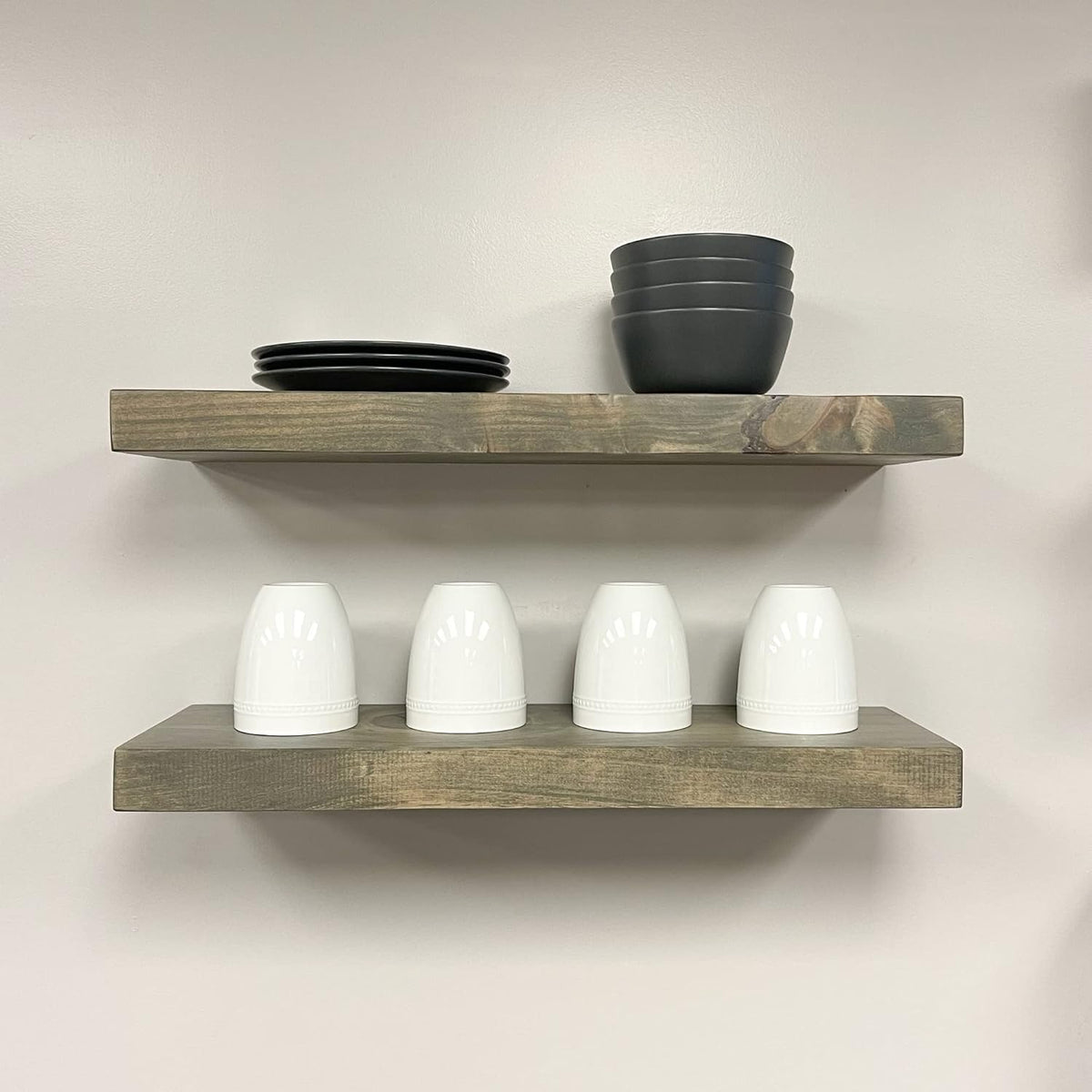 PJ Decor Urbandi, Rustic Floating Shelves, Set of 2, Hidden Bracket, Solid Wood, Heavy Duty, Wall Mounted Shelves, (Grey, 24Wx6D)
