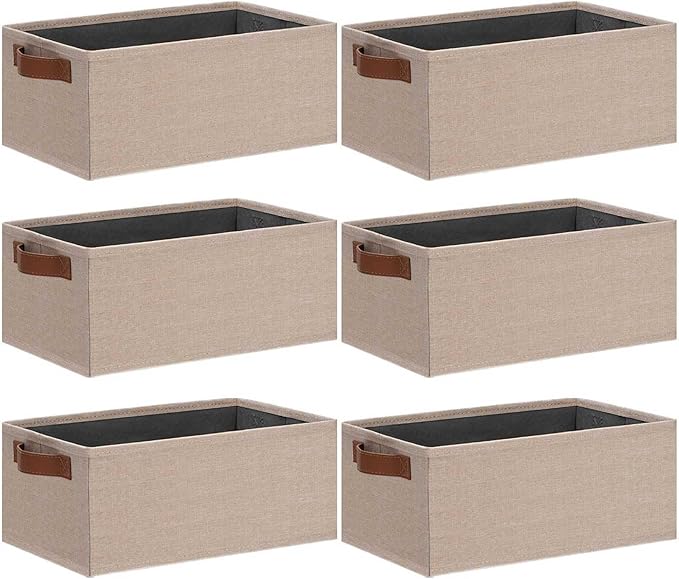 GhvyenntteS Small Fabric Storage Bins 6 Pack, 11.8" x 7.87" x 5.11" Storage Basket with Leather Handles, Closet Storage Bins for Shelves, Storage Baskets for Shelves, DVD Storage (Beige Yellow)