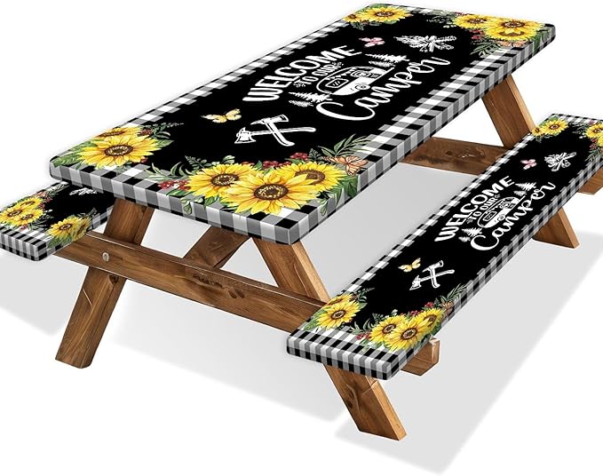 Sunflower Plaid Picnic Table Cover with Bench Covers and Bag, Camping Essentials, Checkered Floral Waterproof Windproof, Fitted Tablecloth Cover with Elastic Edge, Garden & Outdoor, 3 PCS, 30x72 Inch