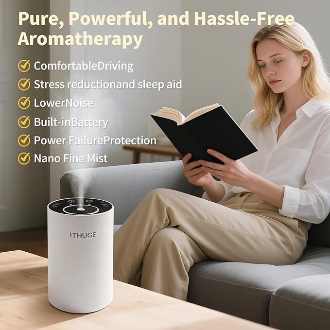 Waterless Essential Oil Diffuser, Portable Nebulizer with 3 Intensity Levels, Battery Powered for Car Home Office (Silvery)