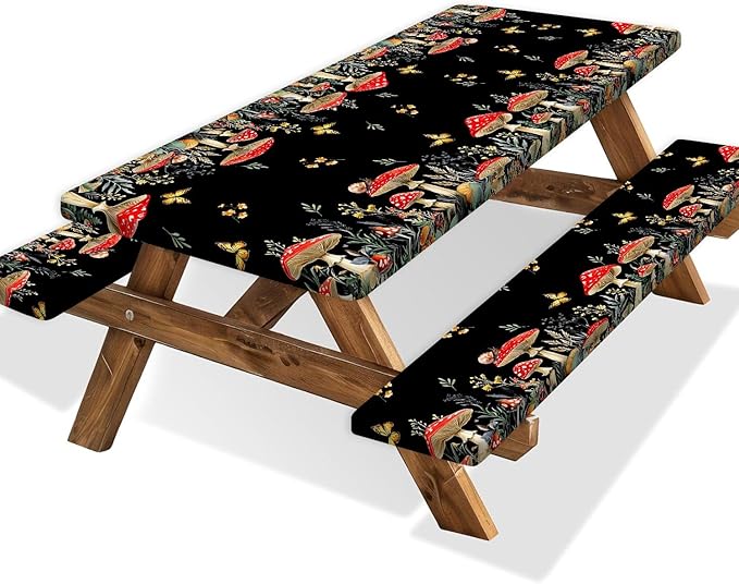 Mushroom Picnic Table Cover with Bench Covers, Camping Essentials, Waterproof Windproof Camping Tablecloth, Fitted Tablecloth Cover with Elastic Edge, for Indoor & Outdoor, Garden, 3 PCS, 30x60 Inch