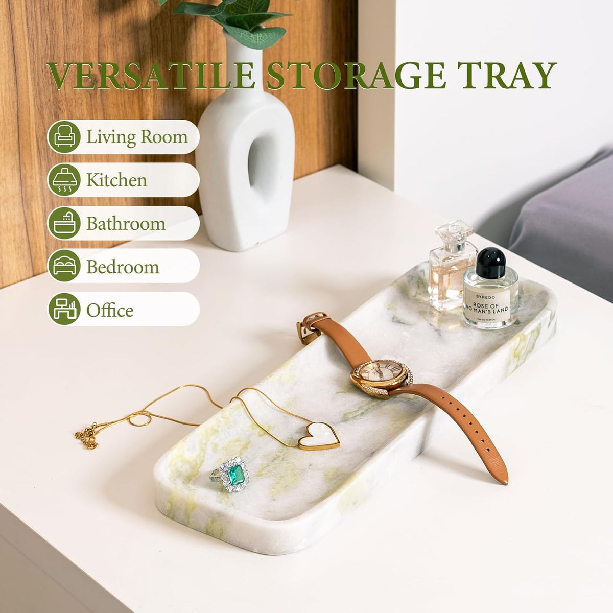 Koville Marble Tray for Bathroom Sink, 12"x4" Natural Stone Vanity Tray for Kitchen Dresser Countertop