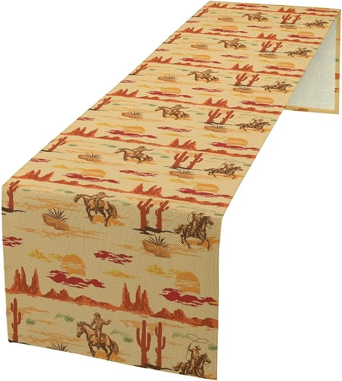 Western Cowboy Table Runner, Wild West Cowboy Ride Horse Desert Cactus Sunset Table Runner for Home Kitchen Dining Party Farmhouse Coffee Outdoor 13x70in