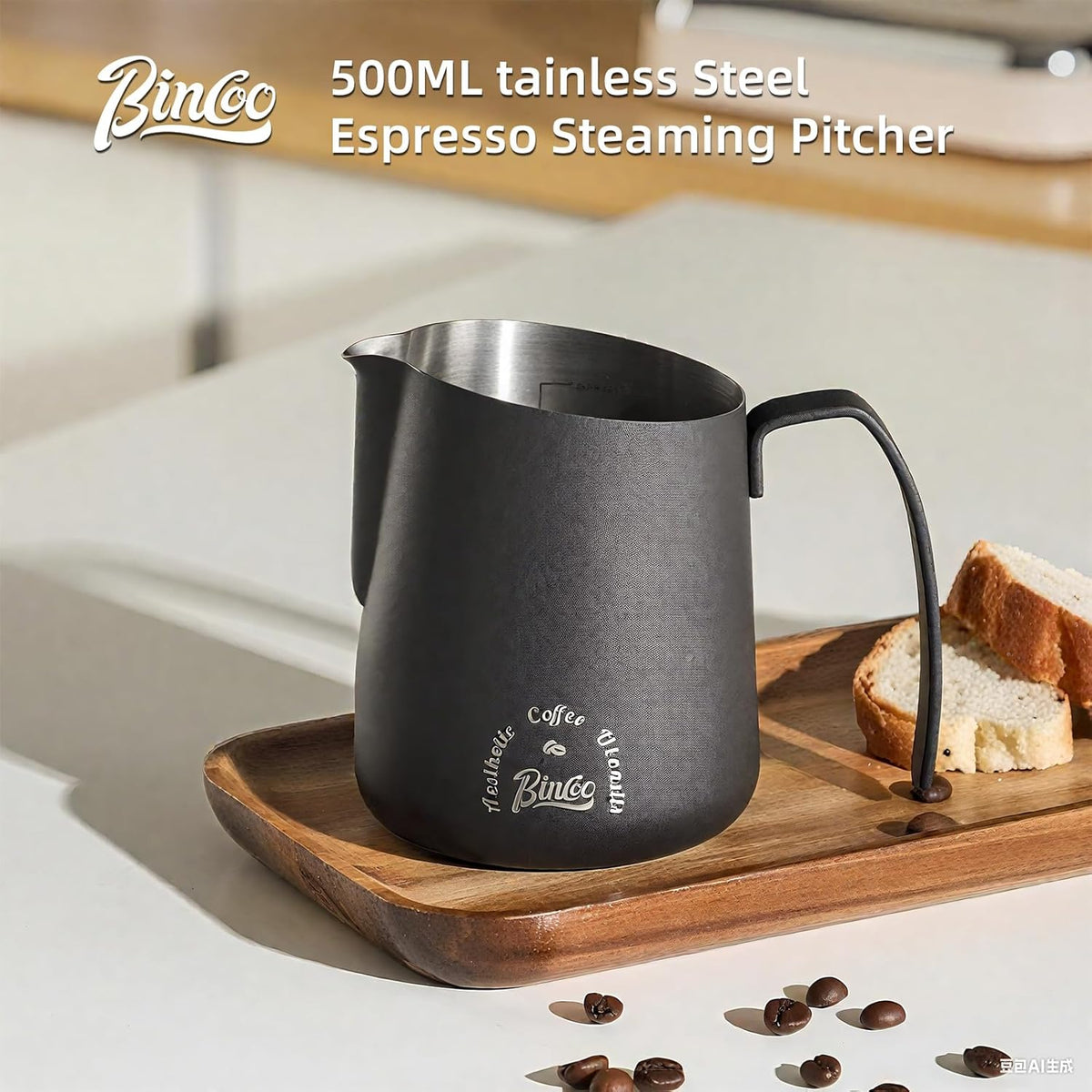 Milk Frothing Pitcher 500ML - Espresso Steaming Pitcher with Large Handle and V-Spout,Stainless Steel Milk Frothing Cup for Cappuccino, Latte Art