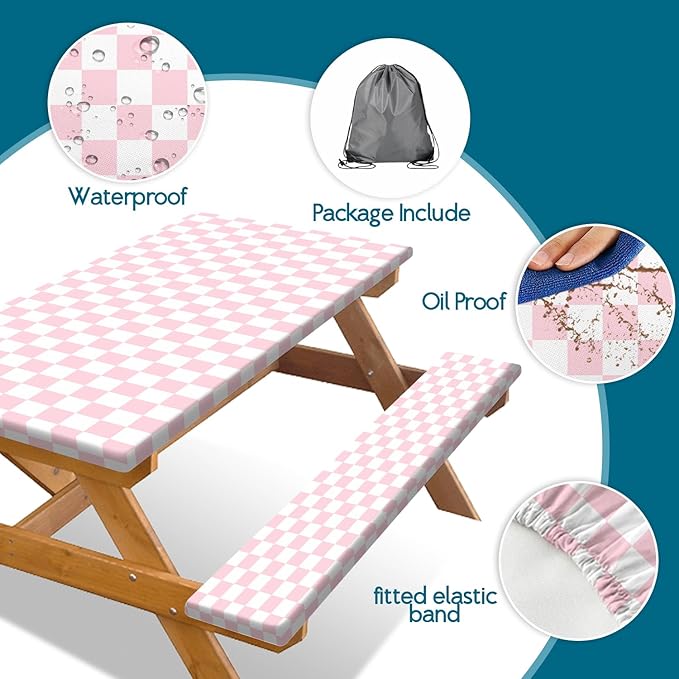 Picnic Table Cover with Bench Covers and Bag, Pink and White Checkered Gingham Buffalo Plaid Camping Tablecloth Cover Waterproof Windproof Elastic Edges Fitted Tablecloths for Outdoor 3PCS 30x60 Inch