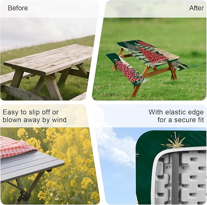 ANNA QUEEN 6FT Green Christmas Tree Picnic Table Cover Set 3PCS 72"x30", Waterproof Outdoor Bench and Tablecloth Furniture Protection for Camping Beach BBQ Patio Backyard