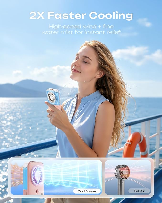 Otlonpe Mini Portable Handheld Misting Fan Hand Held Rechargeable Portable Fan with Mist 4-Speed LED Display Slim Foldable Small Personal Cooling Water Spray Mister Fans for Travel Women Kids (Pink)
