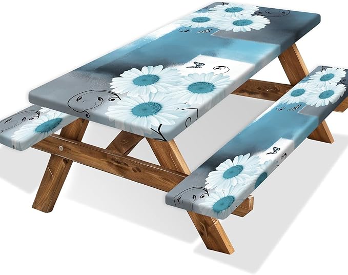 Picnic Table Cover with Bench Covers and Bag, Daisy Outdoor Waterproof Windproof Tablecloth with Elastic Edges. Camping Accessories RV Gear Campers Must Have 60x30 Inches 3 Pcs Set (Teal)